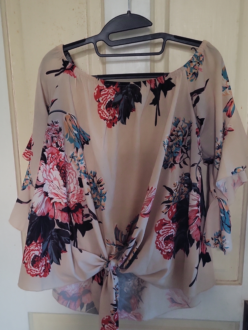 Floral Tie-Front Blouse - Beige Pink Floral